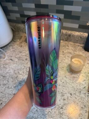 Starbucks Iridescent Purple and Green Botanical Tumbler With Hands